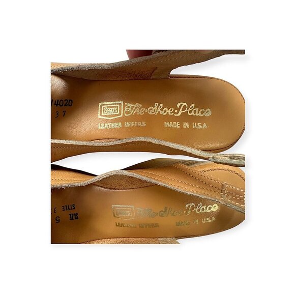 1970s Tan Leather Wedge Sandals by Sears The Shoe Place – Size 5B – Made in USA - Picture 5 of 10